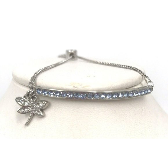 Dragonfly Slide Dangle Charm Blue Crystals‎ Bar Bracelet Box Chain - Picture 1 of 7